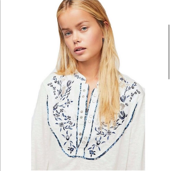 Free People Sundance Western Embroidered Henley Boho Top- Size Medium - Picture 15 of 16